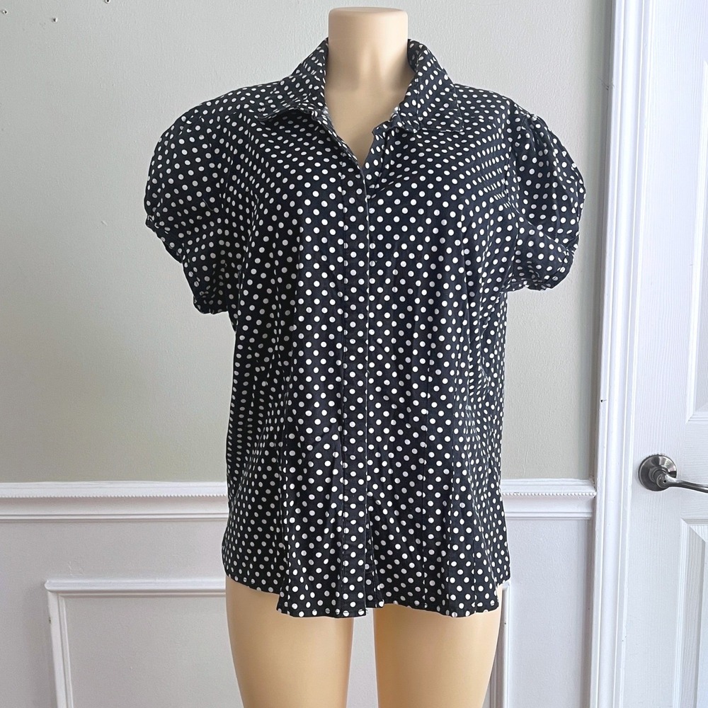 MKM Designs Shirt Women 2X Polka Dot Stretch Puff Sleeve Black White Retro Siren